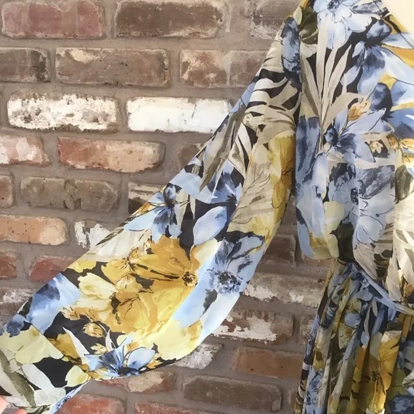 ENFOCUS Women’s Navy Yellow Floral Long Sleeve Chiffon V-neck Maxi Dress 14W - Picture 6 of 8